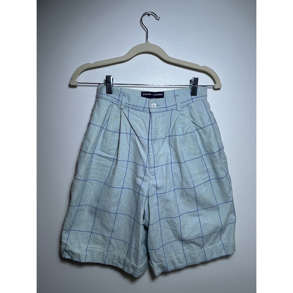 Ralph Lauren Polo Sport Vintage Plaid Pleated High Waisted Shorts Blue Yellow